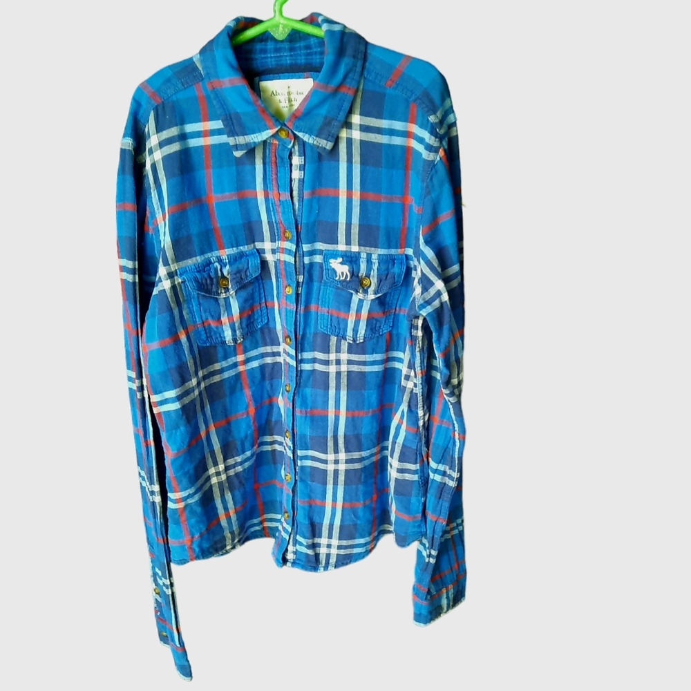 Abercrombie & Fitch Flannel Plaid Shirt Size Small Moose Logo Long Sleeve Blue